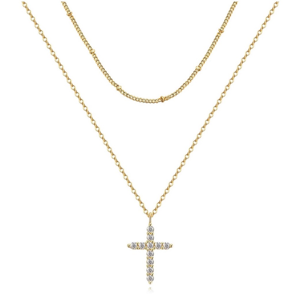 Cross Layered CZ Cross Necklace Set 18K Gold Plated Stainless Steel